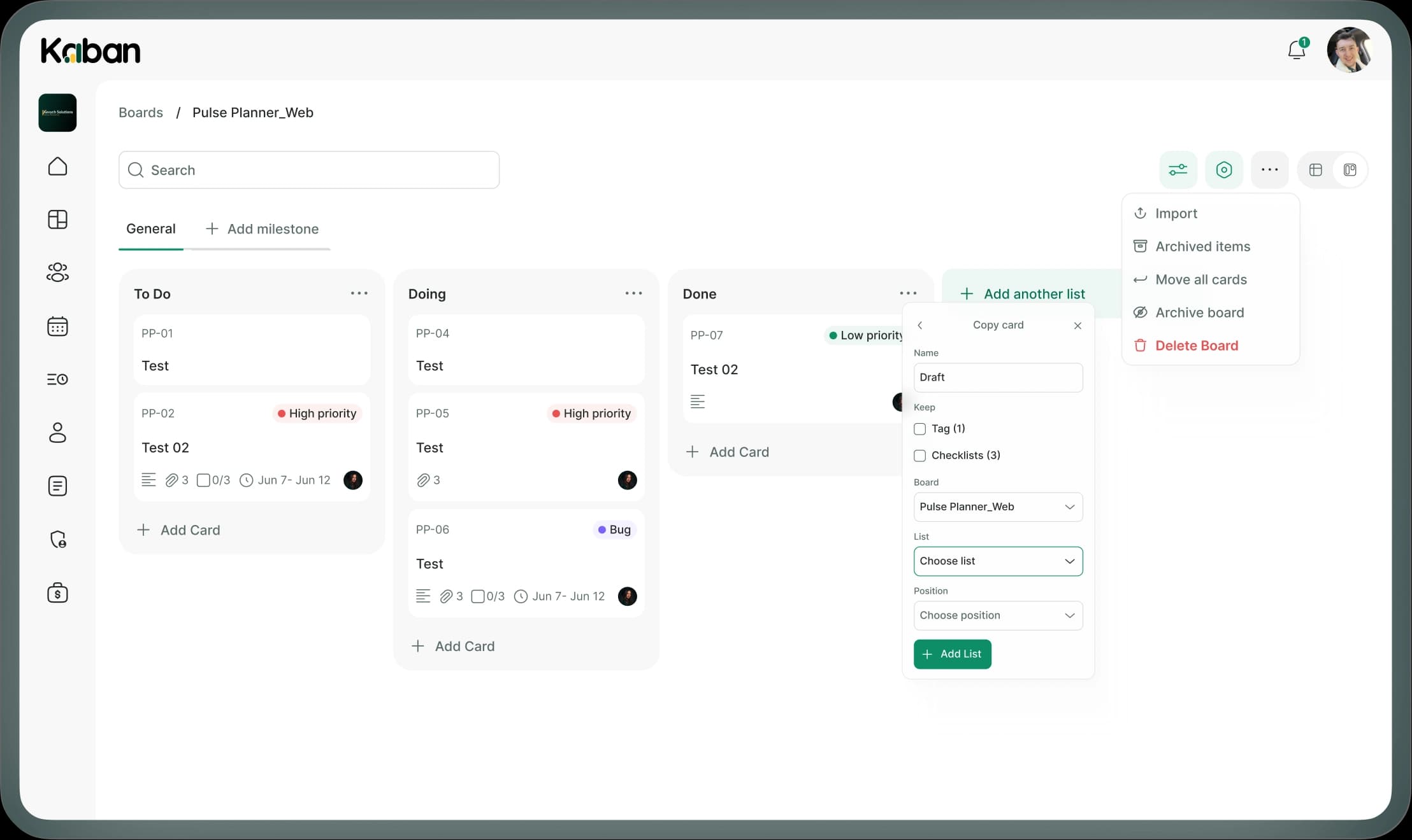 Preview of the Kaban product dashboard