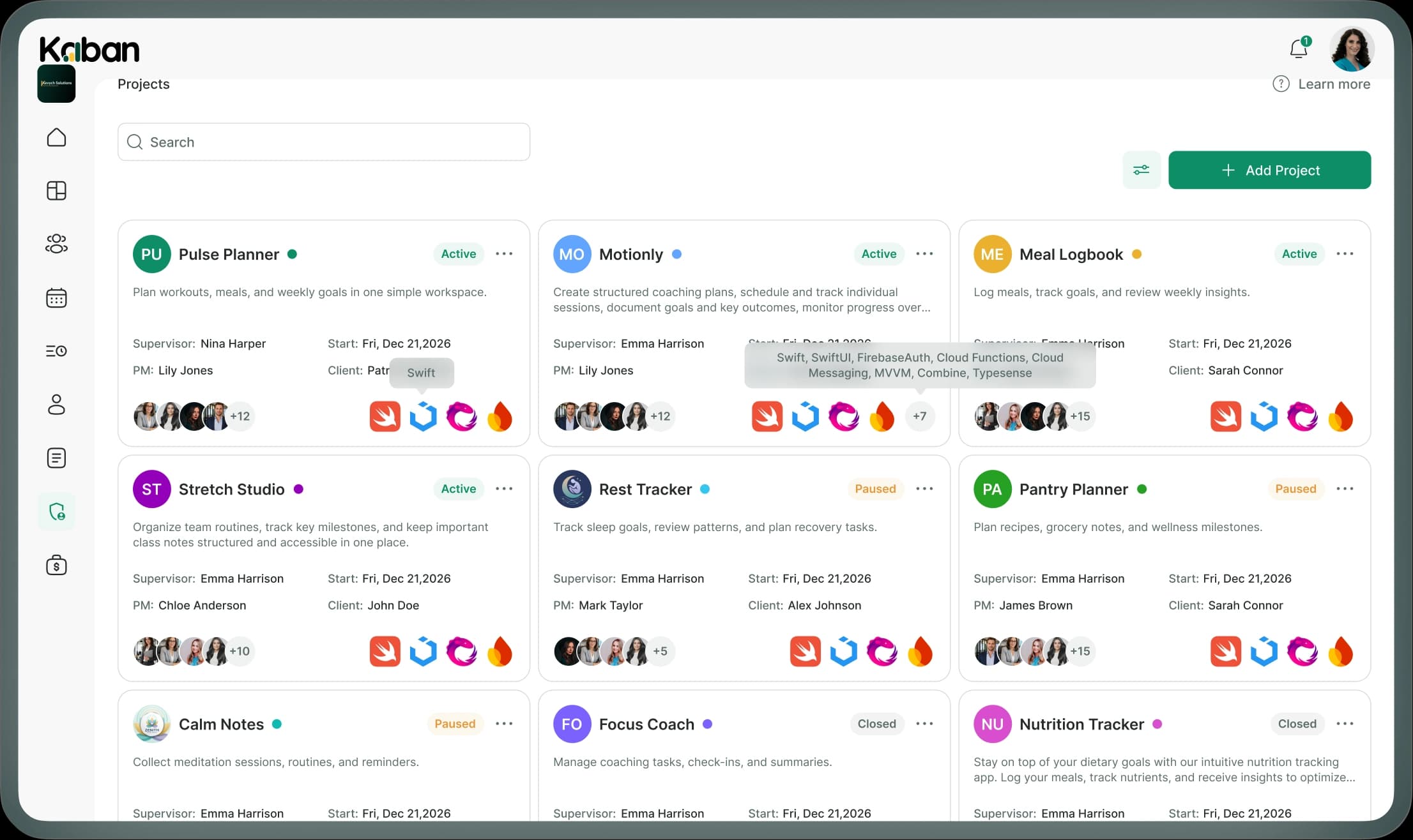 Preview of the Kaban product dashboard